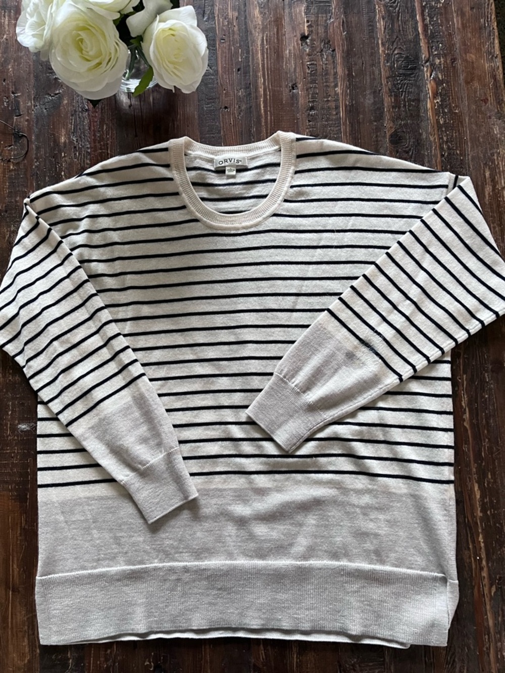 ORVIS 100% Merino Wool Cream and Black Striped Coastal Sweater Sz L NWOT